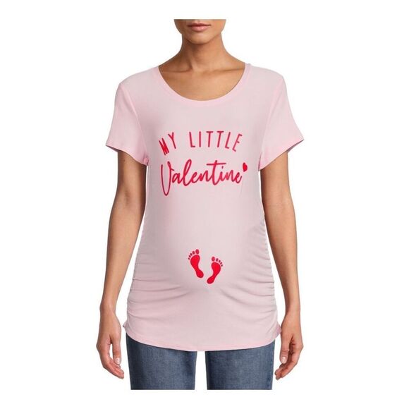 Valentine’s Day Maternity T-Shirt Stretchy Side Ruching Sz Medium Pink Red NWT - Picture 1 of 6